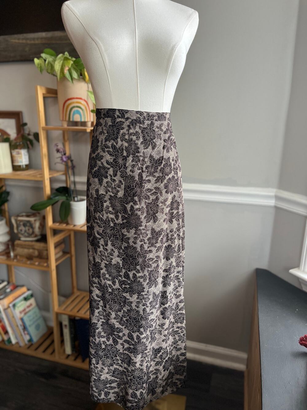 Vintage 90s Floral Maxi Skirt Brown Cream Size 2XL